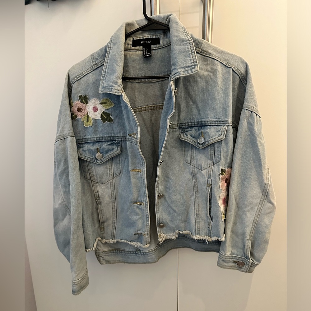 Forever 21 Cropped Jean Jacket with Embroidered flowers